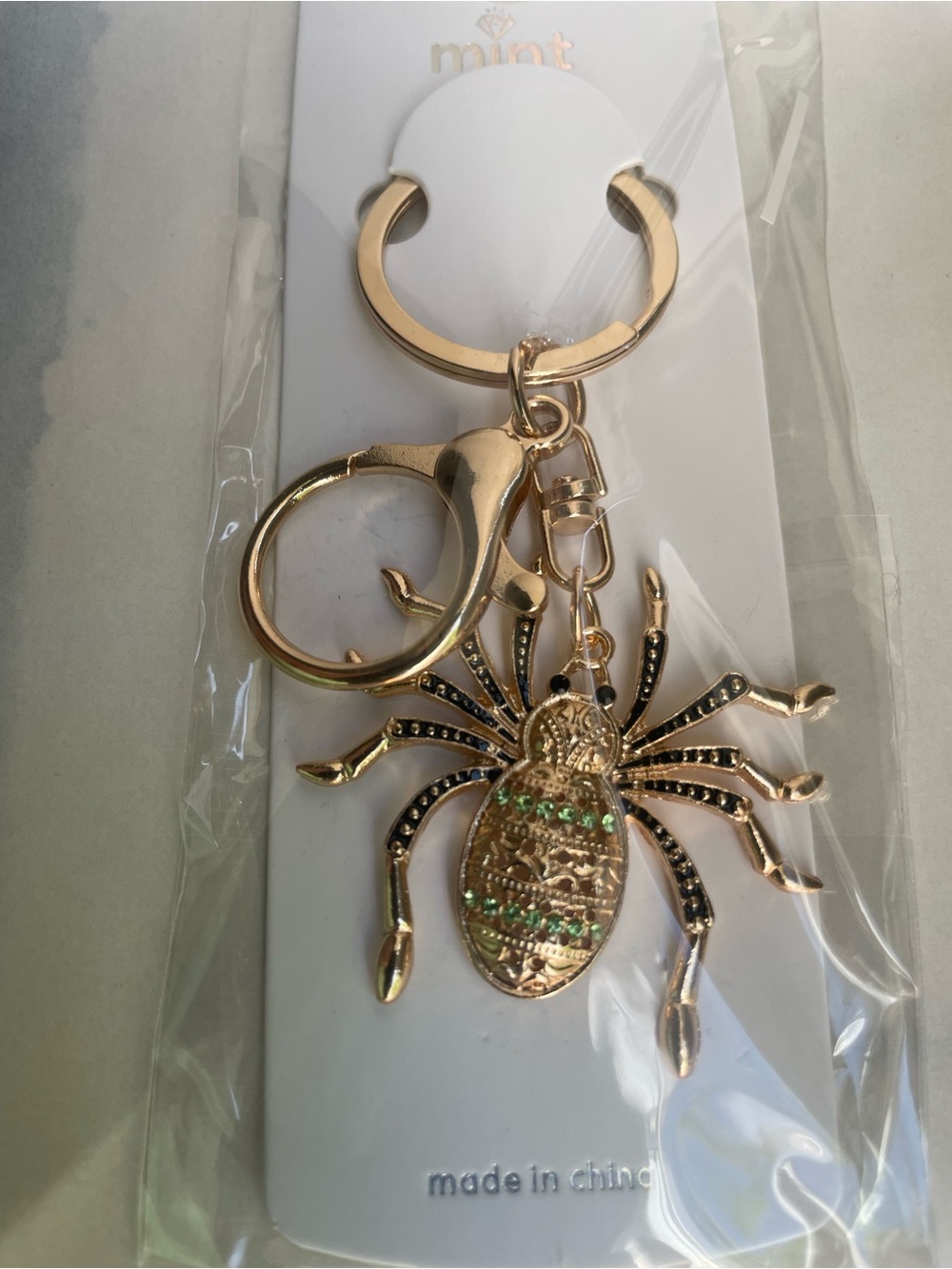 Mint Gold Spider Keyring with Black and Green Accents